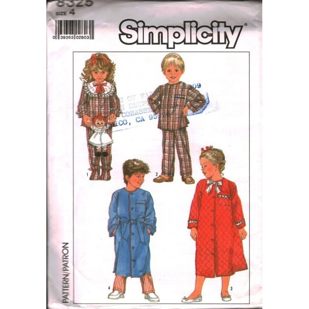 Simplicity 8325 Sewing Pattern Kids Pajamas Robe Sleepwear Size 4 Vintage‎ 1987